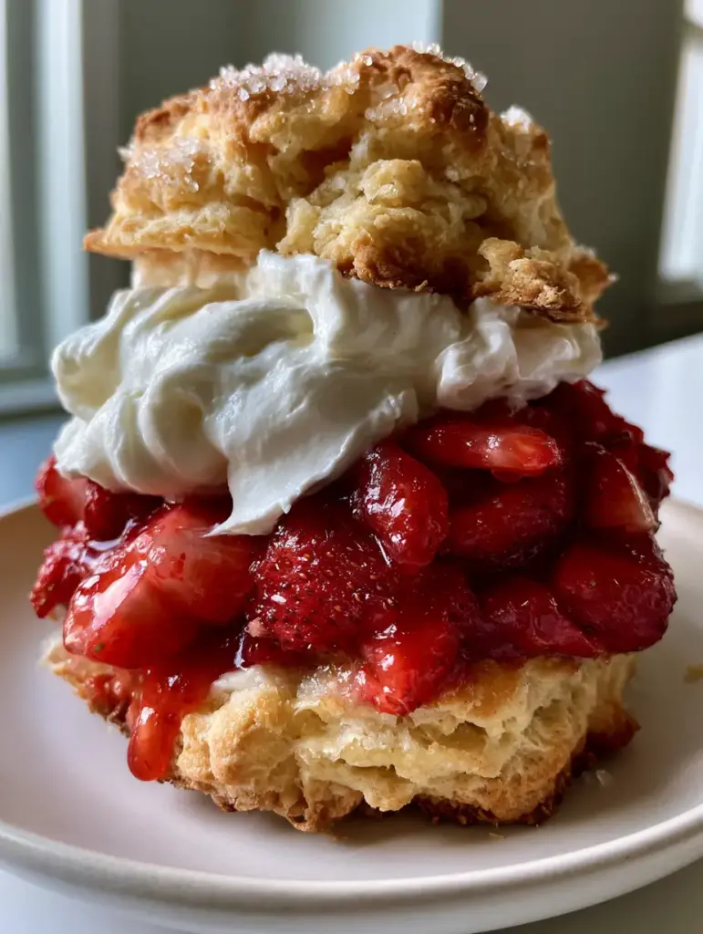 Strawberry shortcake biscuits with Macerated Berries and Homemade Cream 1 Side view of strawberry shortcake biscuits showing thick whipped cream dollop and glossy strawberry glaze syrup.
