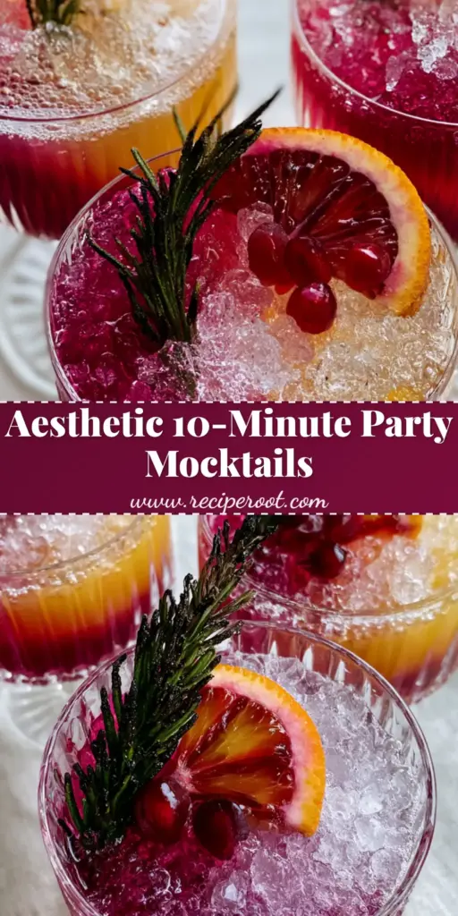 Non-Alcoholic Party Drinks: The Layered Hibiscus Blood Orange Sparkler 4 A cluster of three crystal coupe glasses filled with sunset-colored non-alcoholic party drinks, featuring magenta and orange layers, crushed ice, and charred rosemary.