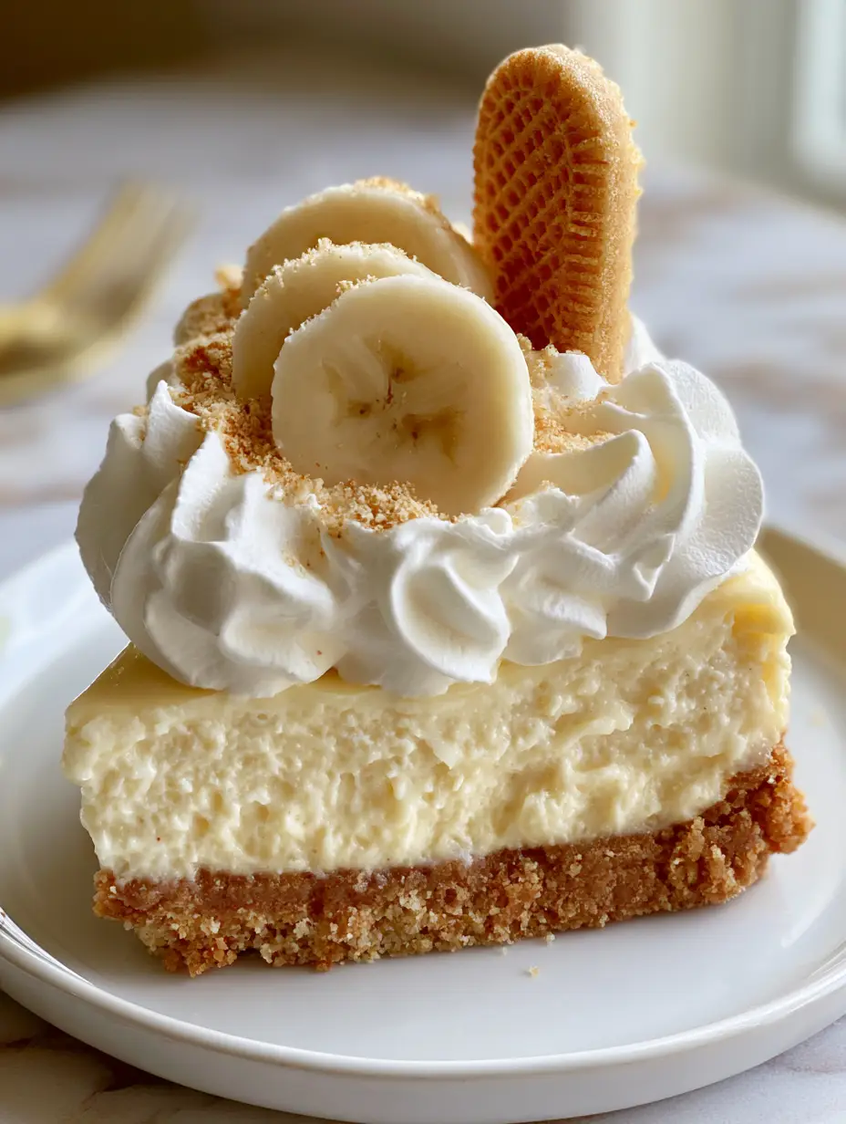 Banana Pudding Cheesecakes: The Ultimate Silky Southern Fusion 3 Macro close-up of a thick banana pudding cheesecake slice showing the velvety pale yellow filling and golden crust. (banana pudding cheesecakes)