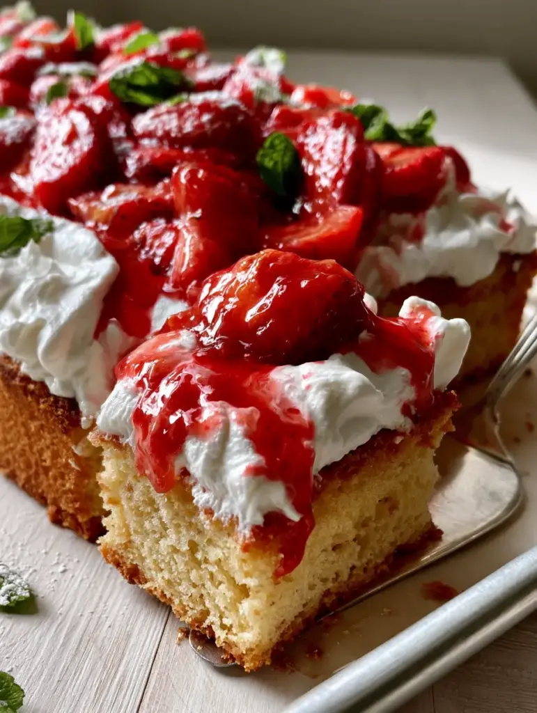 Strawberry Shortcake Dessert: The Ultimate Sheet Pan Vanilla Sponge Recipe 2 High-angle shot of a rectangular sheet pan filled with strawberry shortcake dessert, featuring thick whipped cream and fresh mint. (strawberry shortcake dessert)