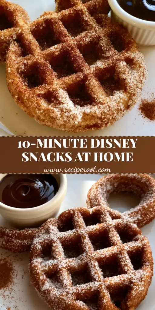 A top-down photo of a golden Mickey-shaped churro waffle on a white plate with chocolate sauce. (Disney inspired food)