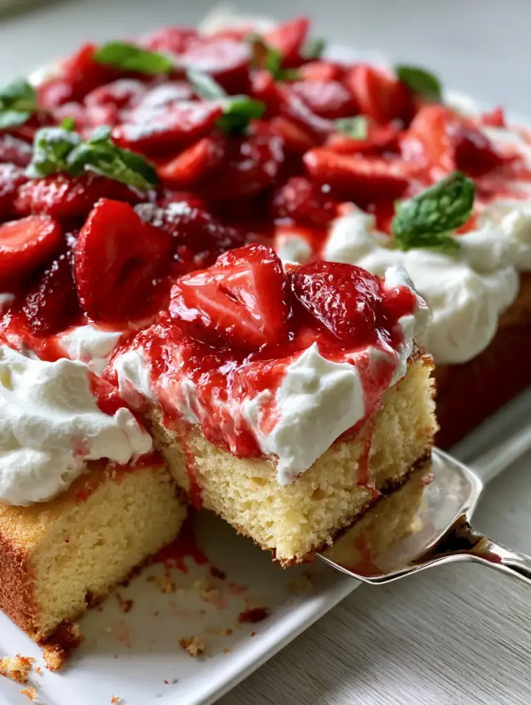 Strawberry Shortcake Dessert: The Ultimate Sheet Pan Vanilla Sponge Recipe 1 Close up of moist vanilla sponge with visible airy crumbs, topped with cloud-like whipped cream and glossy syrup marbleizing into the white cream.