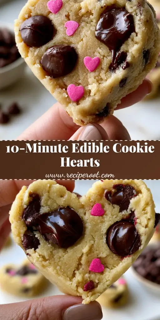 Chocolate Chip Cookie Dough Hearts: The Ultimate Edible No-Bake Treat 4 A handheld smartphone photo of a thick, heart-shaped piece of edible chocolate chip cookie dough with pink sprinkles. (chocolate chip cookie dough hearts)