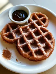 Close-up of crispy ridges on a Mickey-shaped waffle dusted in cinnamon sugar. (Disney inspired food)
