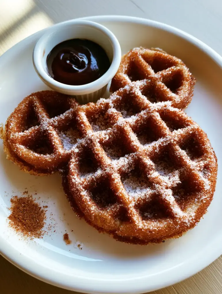 Close-up of crispy ridges on a Mickey-shaped waffle dusted in cinnamon sugar. (Disney inspired food)
