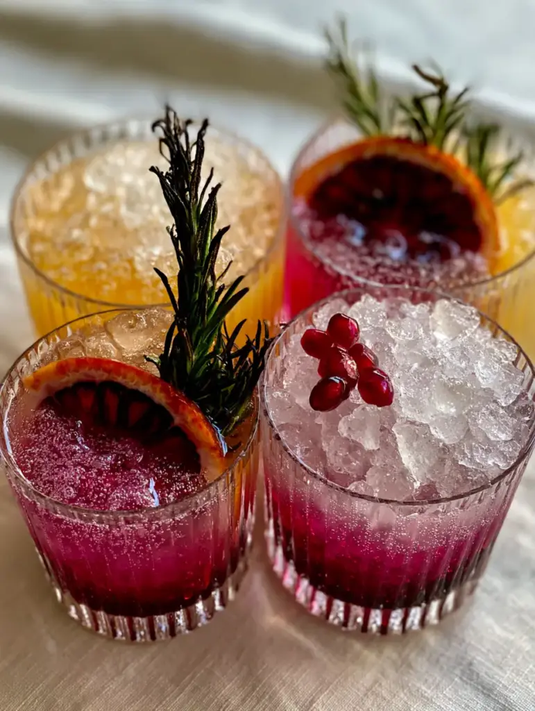 Non-Alcoholic Party Drinks: The Layered Hibiscus Blood Orange Sparkler 1 Close up of condensation-covered glass and charred rosemary garnish on non-alcoholic party drinks.