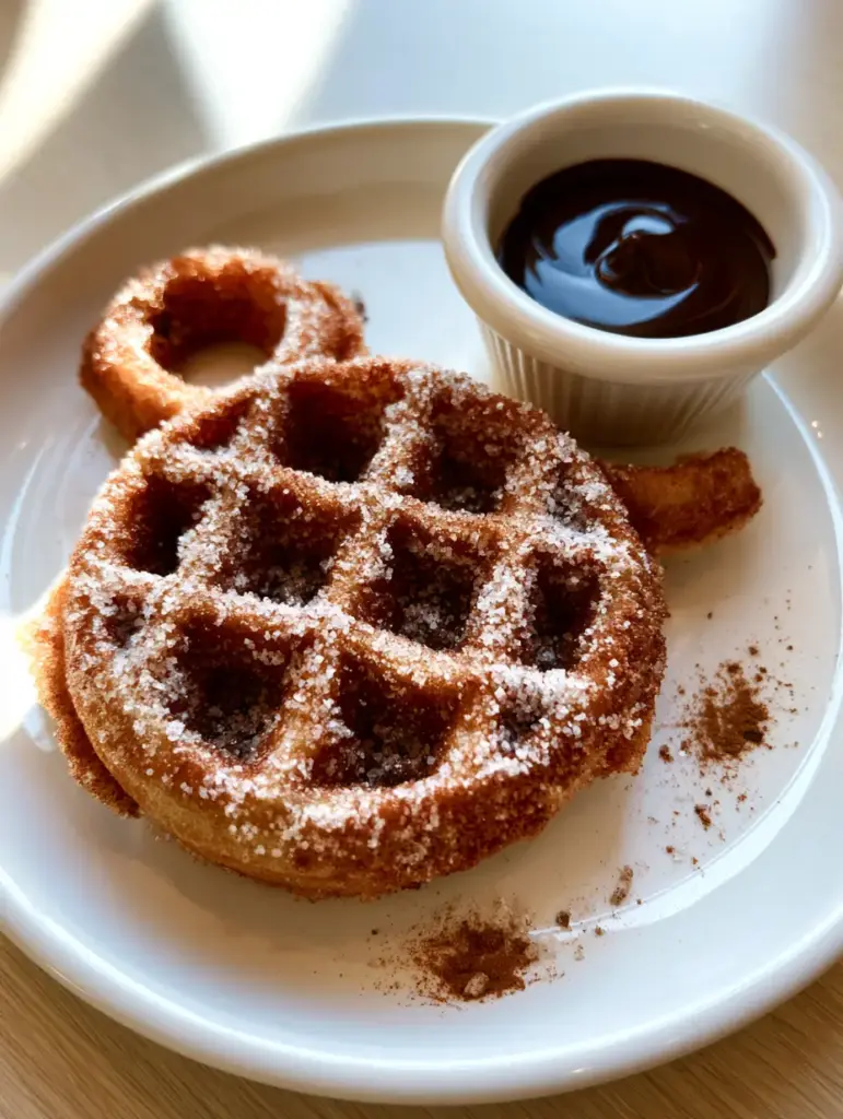 A Mickey waffle next to a ramekin of glossy dark chocolate ganache. (Disney inspired food)