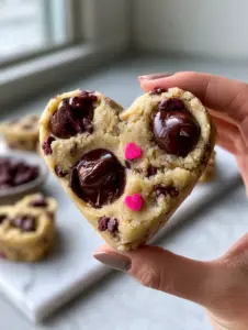 Close-up of a hand holding a golden chocolate chip cookie dough heart with glistening chips. (chocolate chip cookie dough hearts)
