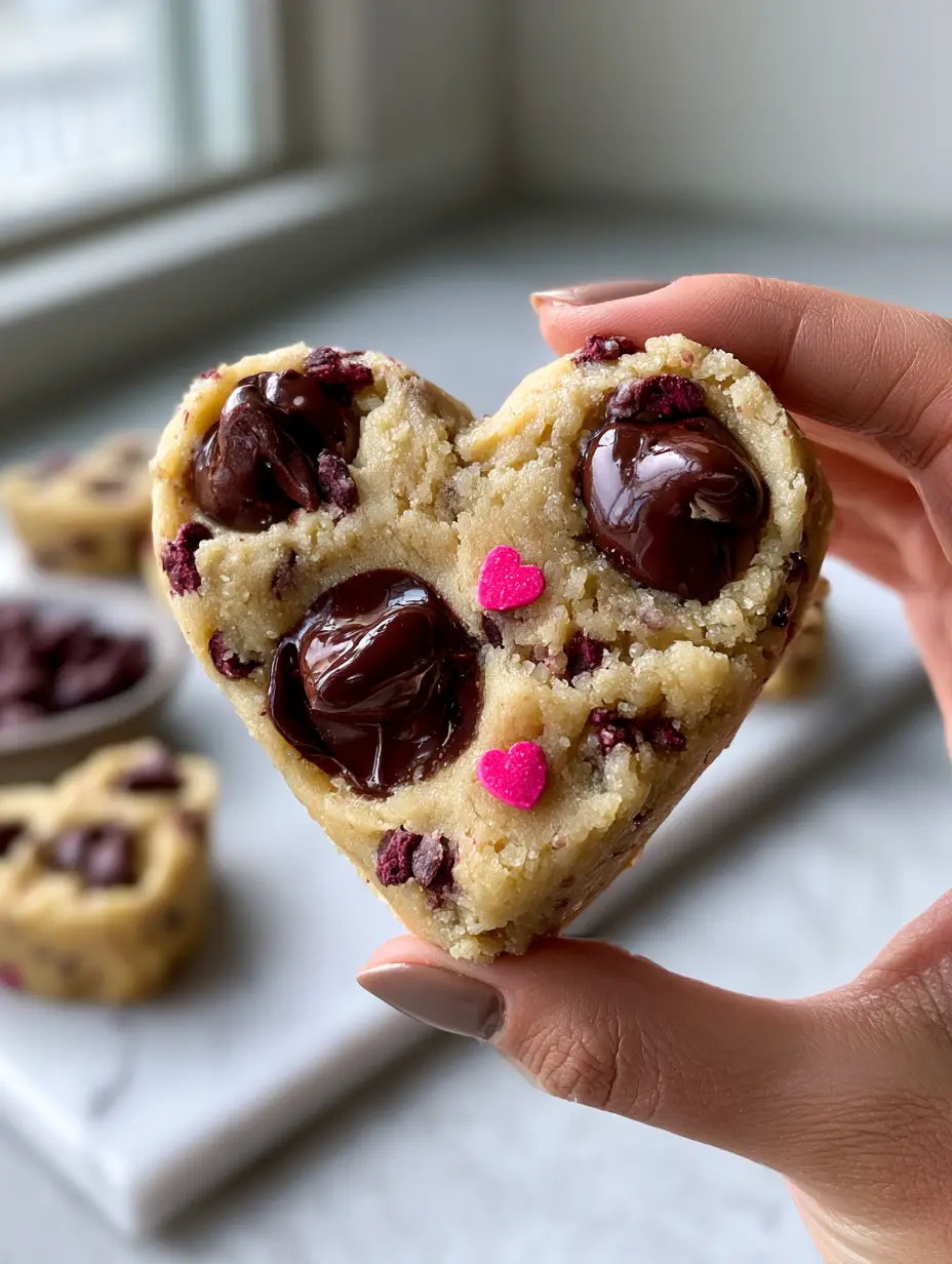 Chocolate Chip Cookie Dough Hearts: The Ultimate Edible No-Bake Treat 3 Close-up of a hand holding a golden chocolate chip cookie dough heart with glistening chips. (chocolate chip cookie dough hearts)
