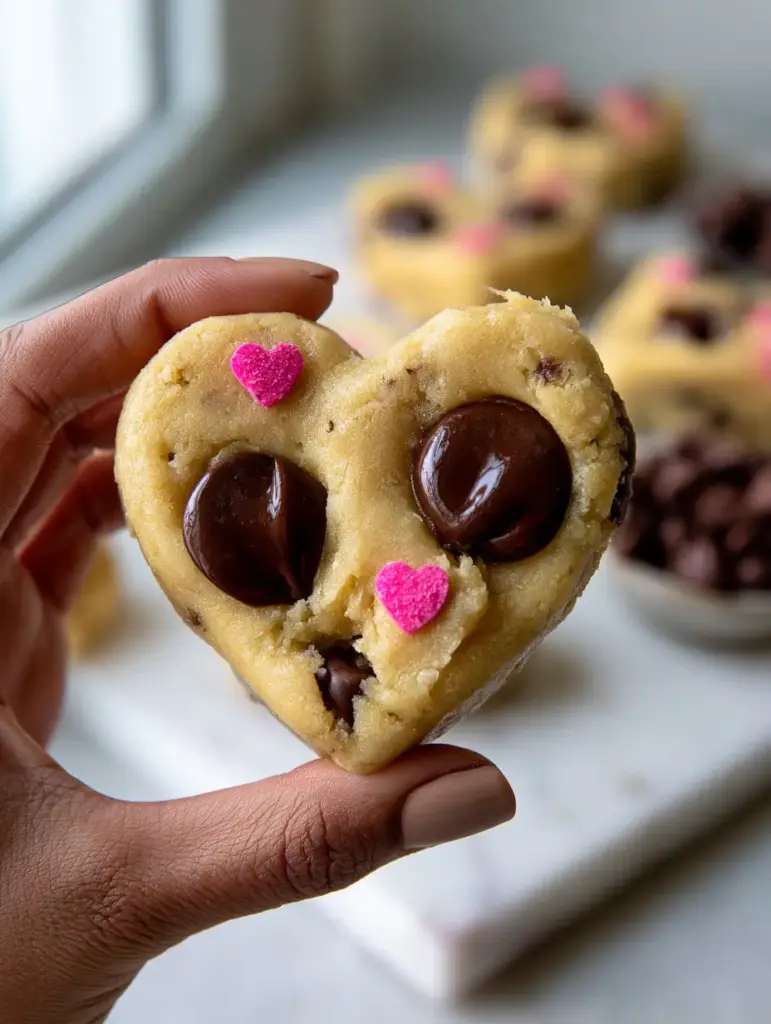 Chocolate Chip Cookie Dough Hearts: The Ultimate Edible No-Bake Treat 1 Heart-shaped cookie dough pieces on a white marble slab with scattered pink heart sprinkles.