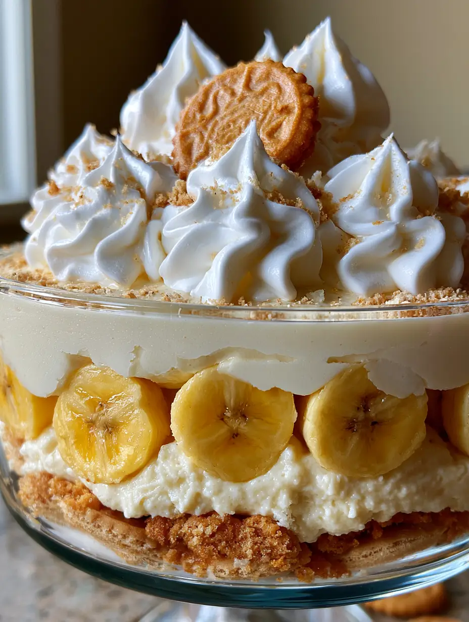 Not Yo Mama’s Banana Pudding: The Ultimate Thick and Creamy Chessmen Version 3 A handheld smartphone photo of Not Yo Mama’s Banana Pudding in a clear glass trifle dish with stiff whipped cream peaks. (Not Yo Mama’s Banana Pudding)