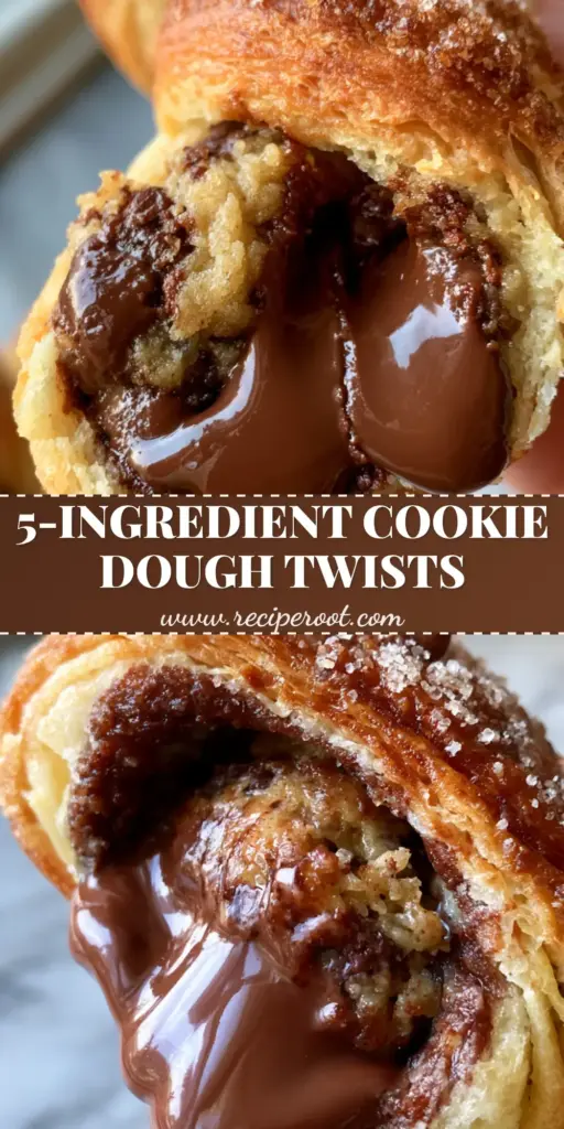 Chocolate Chip Cookie Dough Twists: The Ultimate Flaky Crescent Roll Hack 4 A stack of golden-brown chocolate chip cookie dough twists on a marble counter with melted chocolate pools visible.