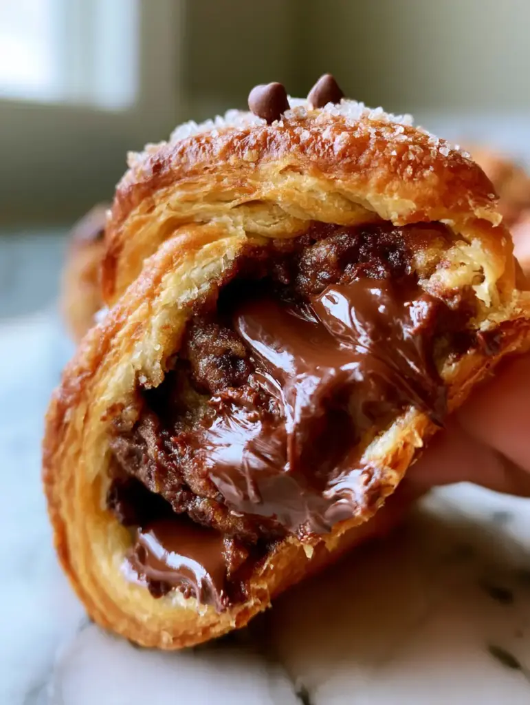 Chocolate Chip Cookie Dough Twists: The Ultimate Flaky Crescent Roll Hack 2 An extreme close-up of a warm chocolate chip cookie dough twist being pulled apart, showing flaky layers and a gooey center.