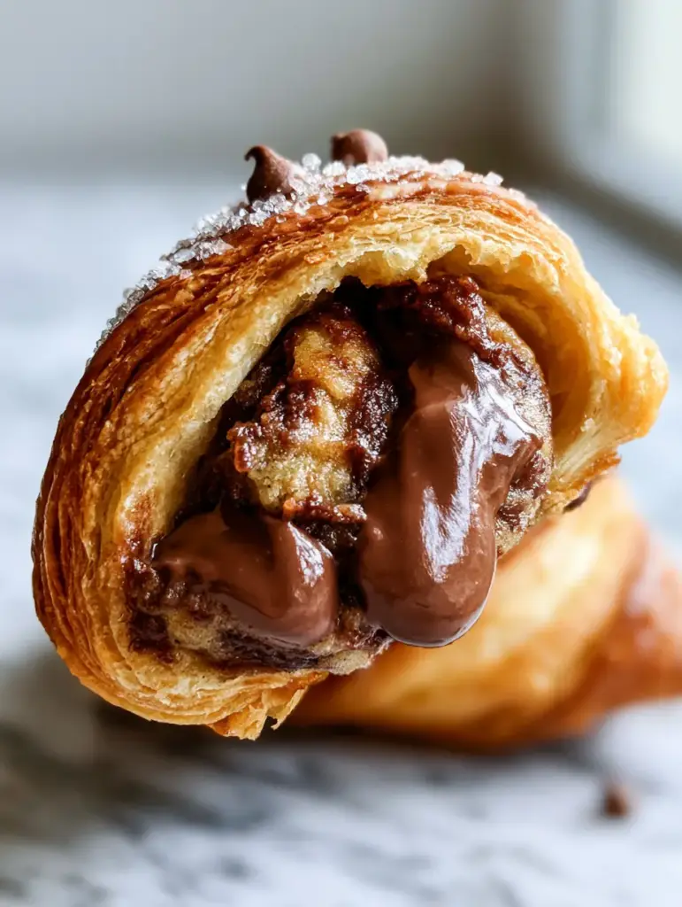 Chocolate Chip Cookie Dough Twists: The Ultimate Flaky Crescent Roll Hack 1 A close-up of chocolate chip cookie dough twists fresh from the oven, dusted with coarse sugar crystals.