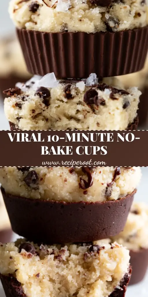 chocolate chip cookie dough cups: The Ultimate Gourmet No-Bake Dessert 4 A stack of three gourmet chocolate chip cookie dough cups on a marble surface, one cut in half to show the fudgy interior.