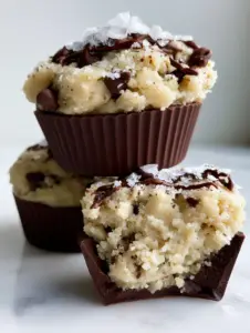 Macro shot of chocolate chip cookie dough cups showing the grainy sugar texture and glossy chocolate drizzle.