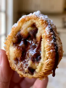 Extreme macro of a sliced deep fried chocolate chip cookie dough ball with steaming molten center and shaggy batter ridges.