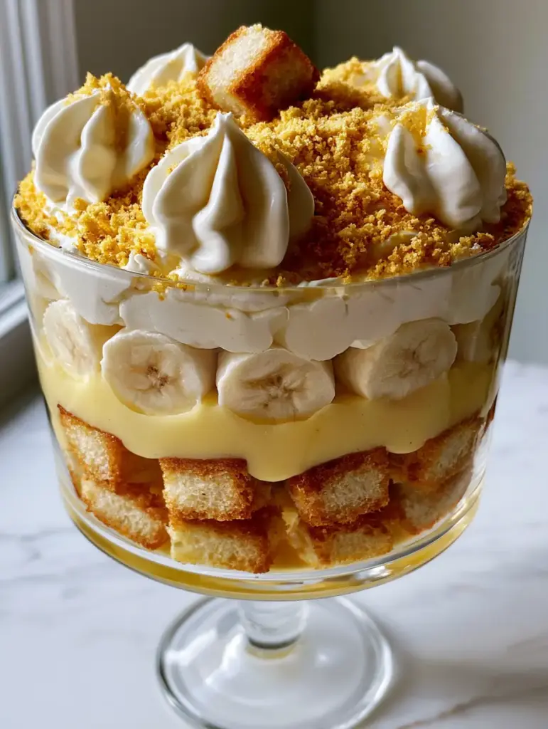 Pound Cake Banana Pudding: The Ultimate Gourmet Southern Trifle 1 Top view of stiff whipped cream peaks on a pound cake banana pudding garnished with crumbs and mint.