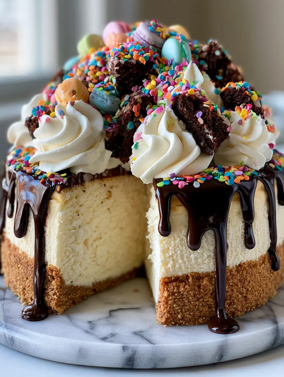 Birthday Cheesecake: The Ultimate Gourmet Celebration Masterpiece 3 A handheld smartphone photo of a tall ivory-white Birthday Cheesecake on a marble platter with chocolate drips. (Birthday Cheesecake)