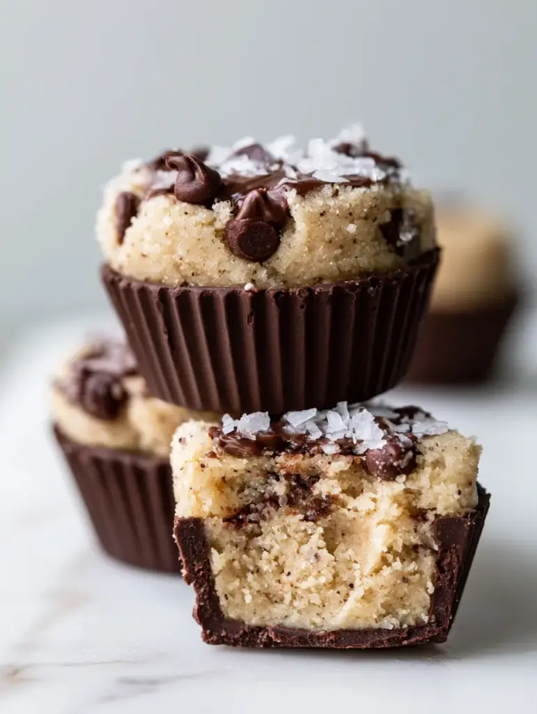 chocolate chip cookie dough cups: The Ultimate Gourmet No-Bake Dessert 1 A cut-away view of a chocolate chip cookie dough cup revealing the dense, fudgy, pale beige interior.