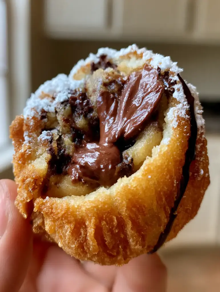 Deep Fried Chocolate Chip Cookie Dough: The Ultimate Molten Fairground Treat 1 Handheld shot of deep fried chocolate chip cookie dough drizzled with dark chocolate and dusted with powdered sugar.