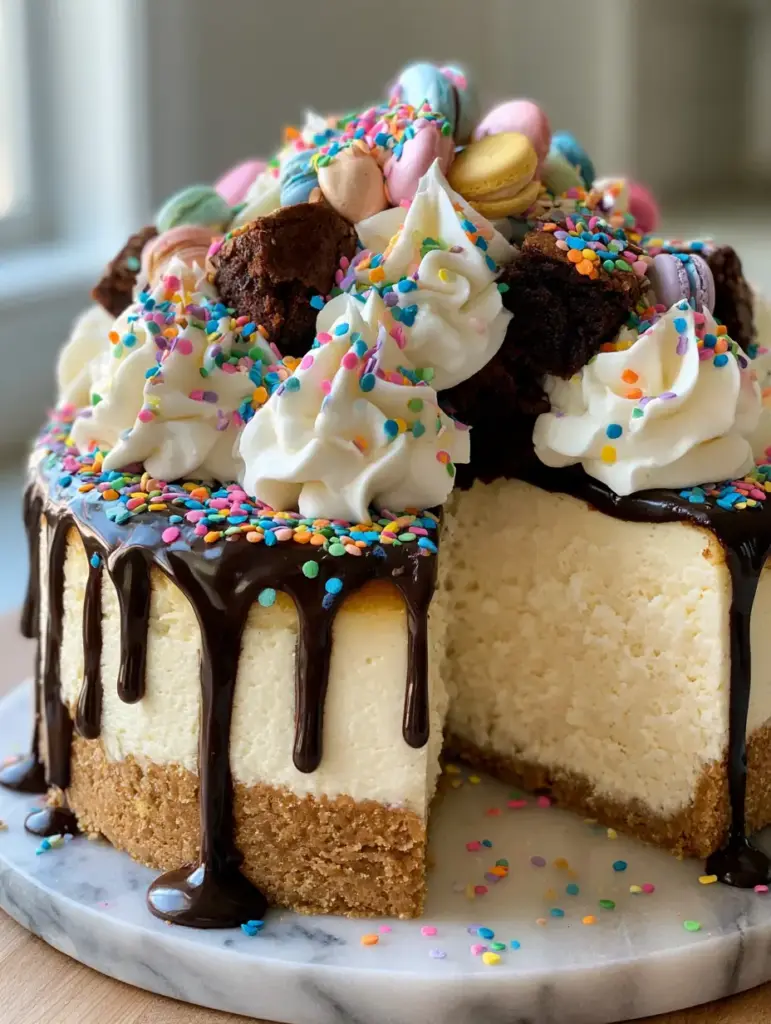 Birthday Cheesecake: The Ultimate Gourmet Celebration Masterpiece 1 Close-up of a missing slice of Birthday Cheesecake showing a perfectly smooth, crack-free interior texture.