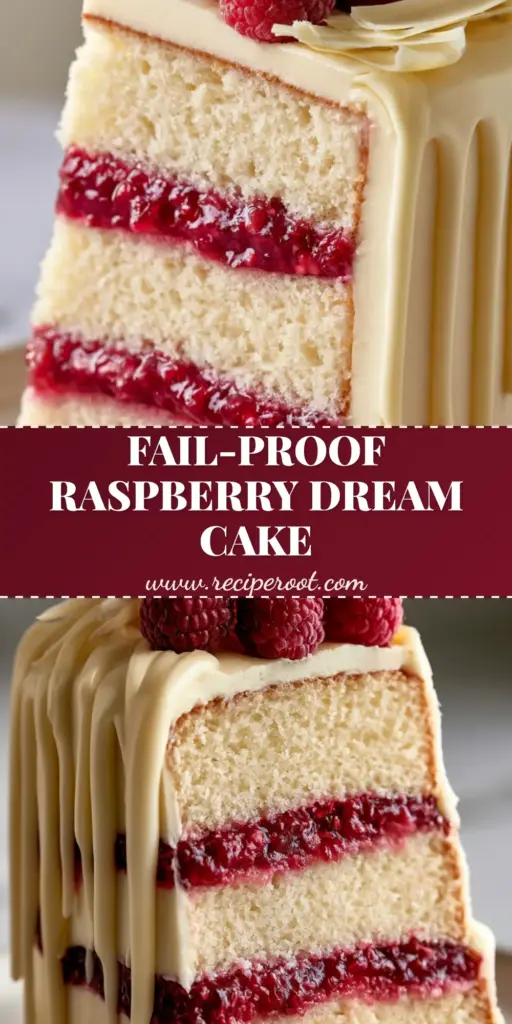 White Chocolate Raspberry Dream Cake: The Ultimate Triple-Layer Dessert 3 A tall vertical slice of a three-tier White Chocolate Raspberry Dream Cake with vibrant ruby compote and ivory frosting.