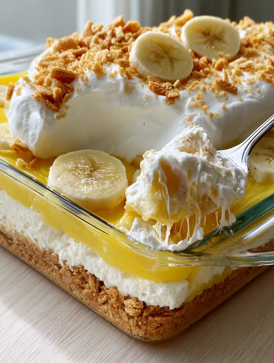 Banana Pudding Lush: The Ultimate 10-Minute No-Bake Layered Dessert 3 Close-up of a silver spoon lifting a messy, dripping scoop of Banana Pudding Lush, showing the velvet-like consistency. (Banana Pudding Lush)