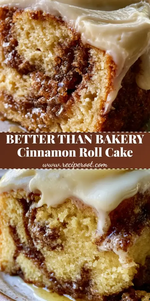 A thick slice of warm Cinnamon Roll Cake with heavy cinnamon swirls and melting cream cheese frosting on a rustic plate.
