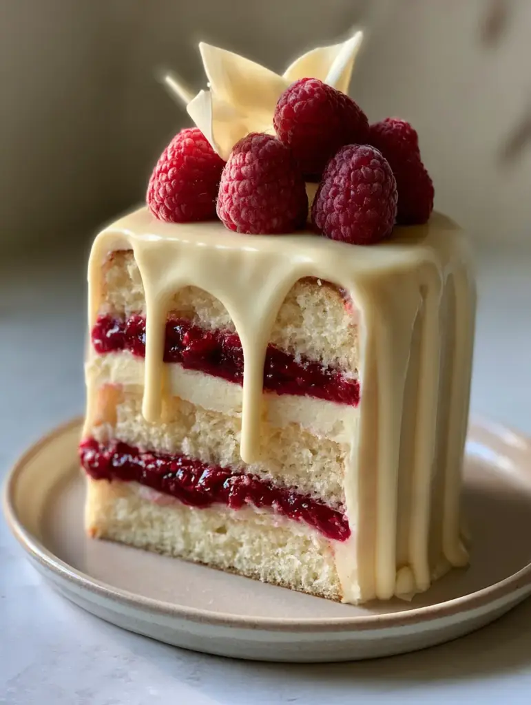 White Chocolate Raspberry Dream Cake: The Ultimate Triple-Layer Dessert 1 Close up of the opaque white chocolate ganache drip and fresh raspberries on top of the cake.