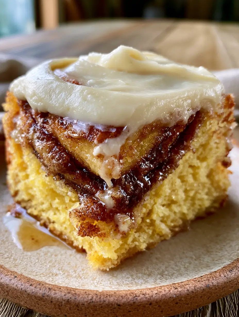 Close-up of a moist golden Cinnamon Roll Cake crumb with dark brown glistening cinnamon-sugar swirls.
