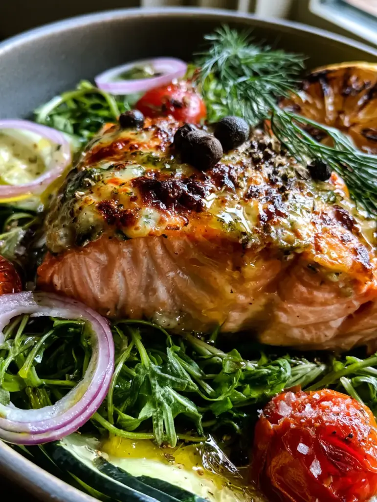 Close-up of a thick salmon fillet with a golden-brown charred cheese crust and fresh dill sprigs (bronde hairstyles vibe).