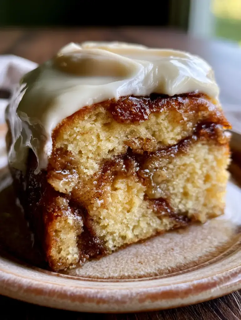 A slice of Cinnamon Roll Cake featuring thick ivory cream cheese frosting dripping down the sides.