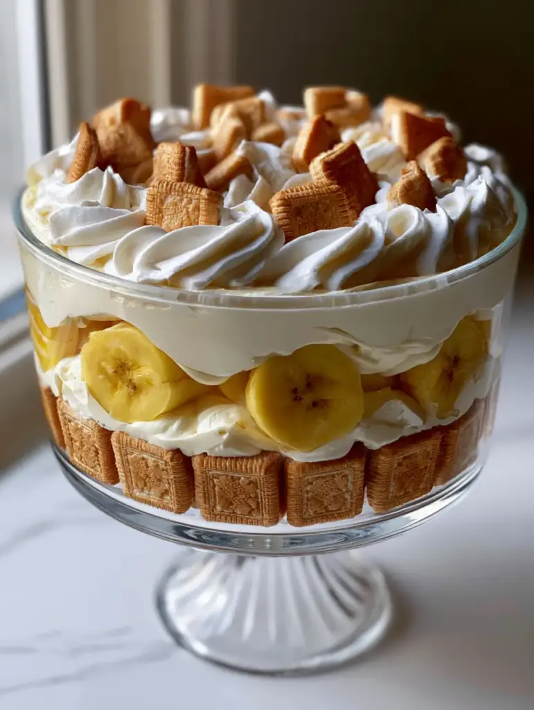 Paula Deen’s Banana Pudding: The Ultimate Creamy Southern Trifle with Chessmen Cookies 1 Plush layer of stiff-peak whipped cream topped with a grid of un-soaked Chessmen cookies on a banana pudding.