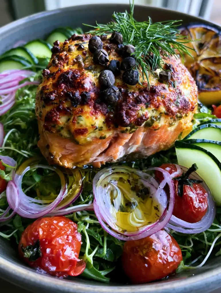 Bronde Hairstyles Aesthetic: The Ultimate Boursin-Crusted Salmon Harvest Bowl 1 A top-down view of the Salmon Harvest Bowl showing translucent red onions and paper-thin cucumbers.