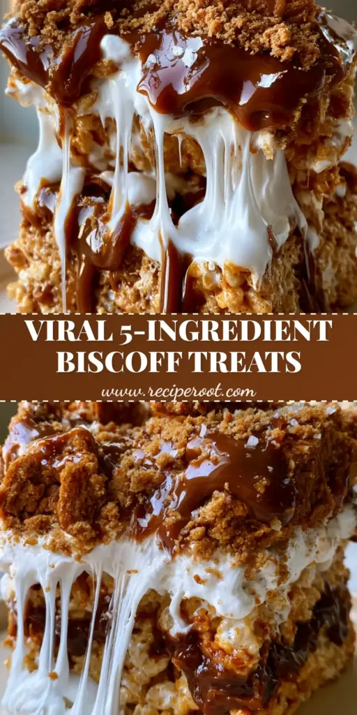 Biscoff Rice Krispie Treats: The Ultimate Gourmet Cookie Butter Bars 4 A close-up vertical shot of thick biscoff rice krispie treats being pulled apart with gooey marshmallow strings, topped with cookie butter drizzle and biscuit chunks.
