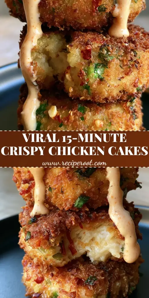 Chicken Cake with Spicy Mayo Aioli: The Ultimate Crispy Dinner 4 A vertical stack of three crispy chicken cakes with pale-orange spicy aioli dripping down the sides on a black plate. (chicken cake)
