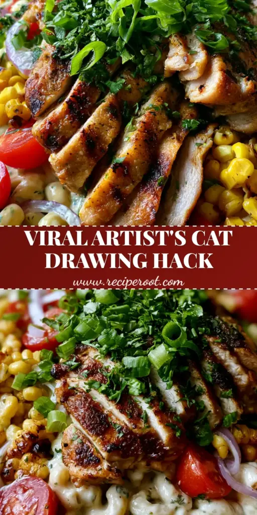 Cat Drawing Idea: The Most Artistic Creamy Chicken Pasta Salad 4 A vertical Pinterest pin showing a gourmet creamy chicken pasta salad with charred corn and red onion, titled cat drawing idea.