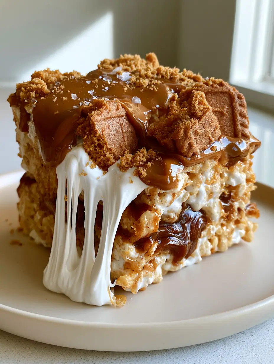 Biscoff Rice Krispie Treats: The Ultimate Gourmet Cookie Butter Bars 3 Handheld photo showing the thick texture of biscoff rice krispie treats with visible dark amber cookie butter swirls.