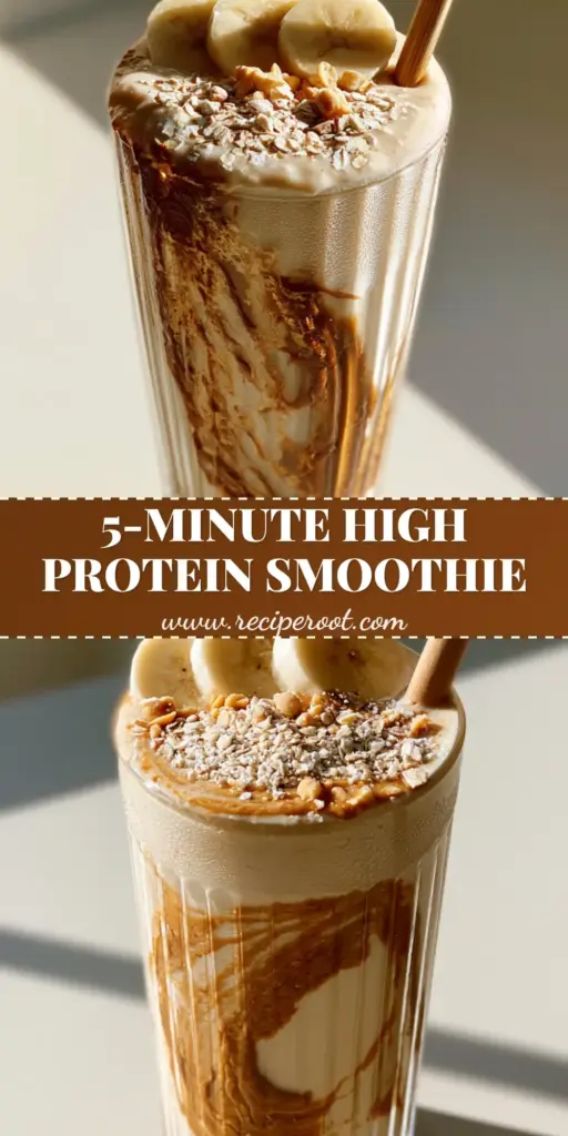 Banana Oatmeal Peanut Butter Smoothie: The Ultimate Creamy Breakfast 4 A thick banana oatmeal peanut butter smoothie in a ribbed glass with a messy peanut butter swirl and wooden straw.