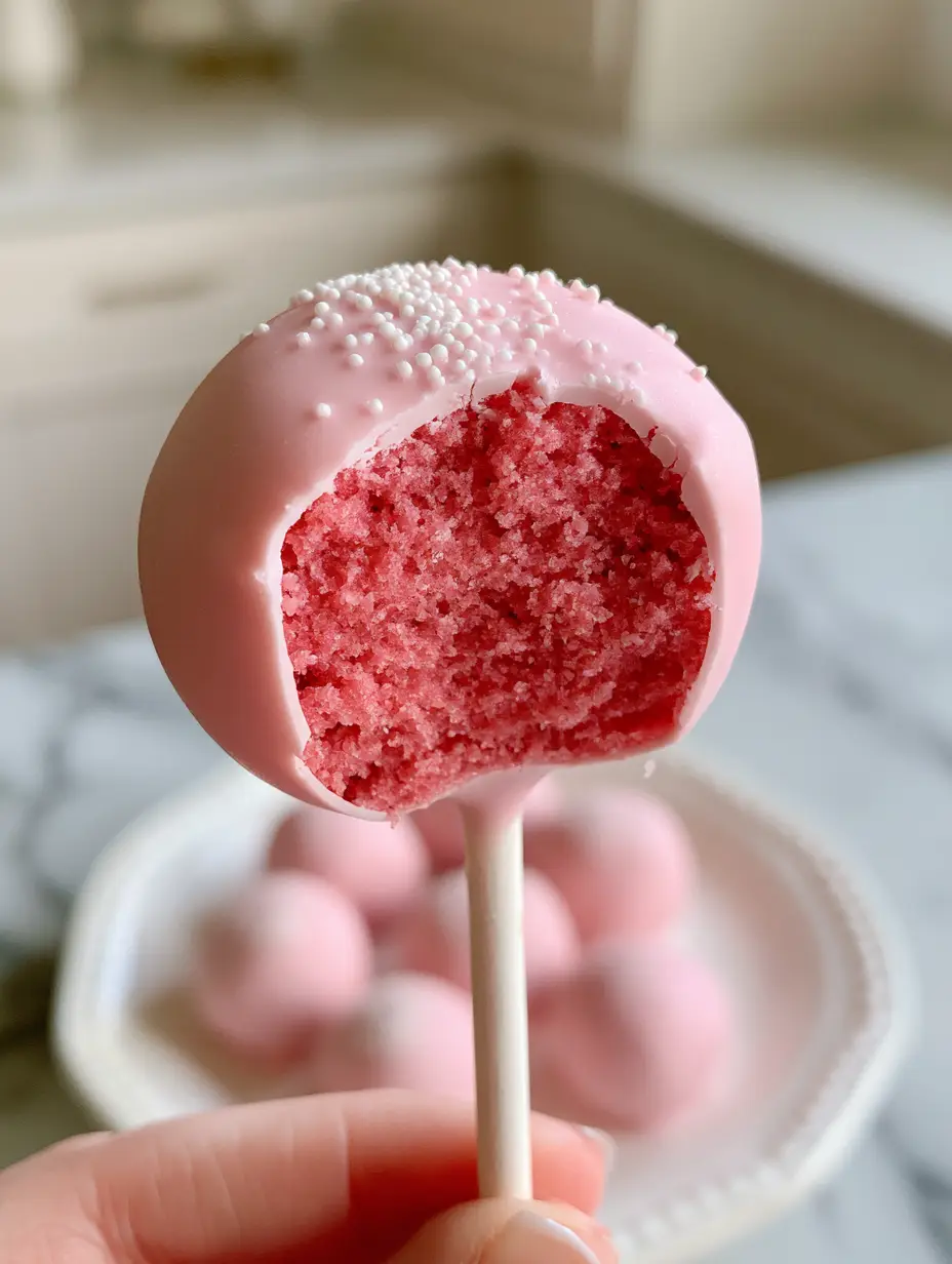 cake pop recipe: The Ultimate Fudgy Pink Starbucks Copycat 3 Handheld photo of a single pastel pink cake pop with a bite taken out revealing a dense pink interior. (cake pop recipe)