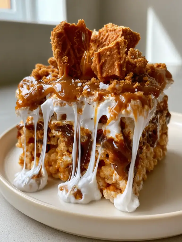 Biscoff Rice Krispie Treats: The Ultimate Gourmet Cookie Butter Bars 1 A minimalist plate featuring biscoff rice krispie treats topped with large jagged Biscoff biscuit chunks and fine crumbs.