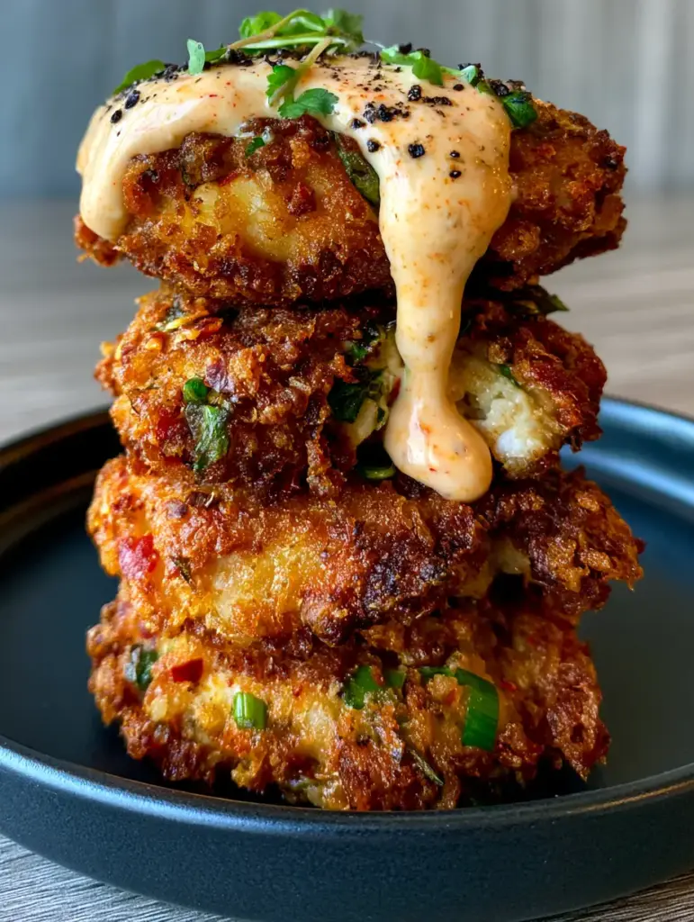 Close up of a chicken cake showing the jagged panko crust and visible green scallions. (chicken cake)