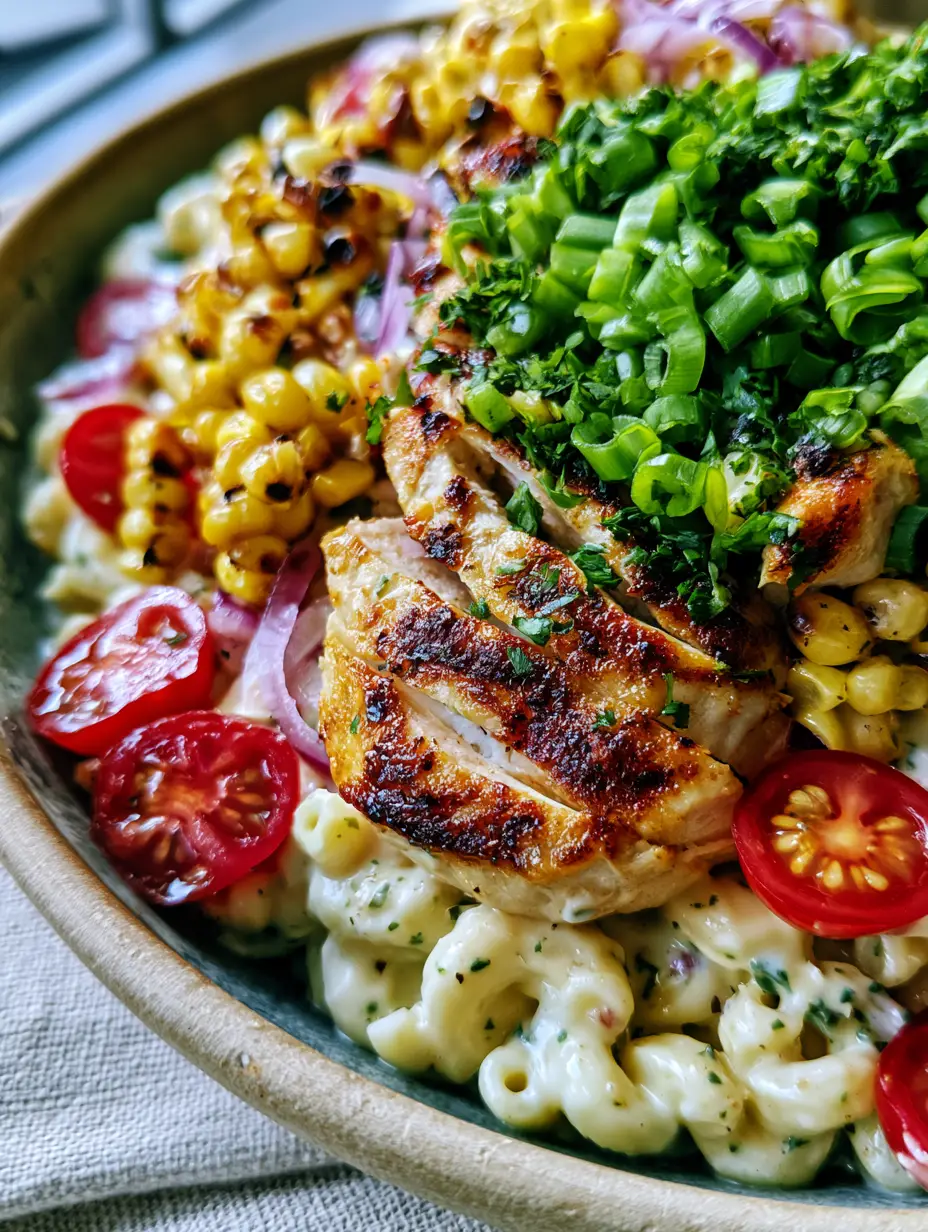 Cat Drawing Idea: The Most Artistic Creamy Chicken Pasta Salad 3 Close-up handheld photo of a shallow ceramic bowl with elbow macaroni, seared chicken, and fresh herbs (cat drawing idea).