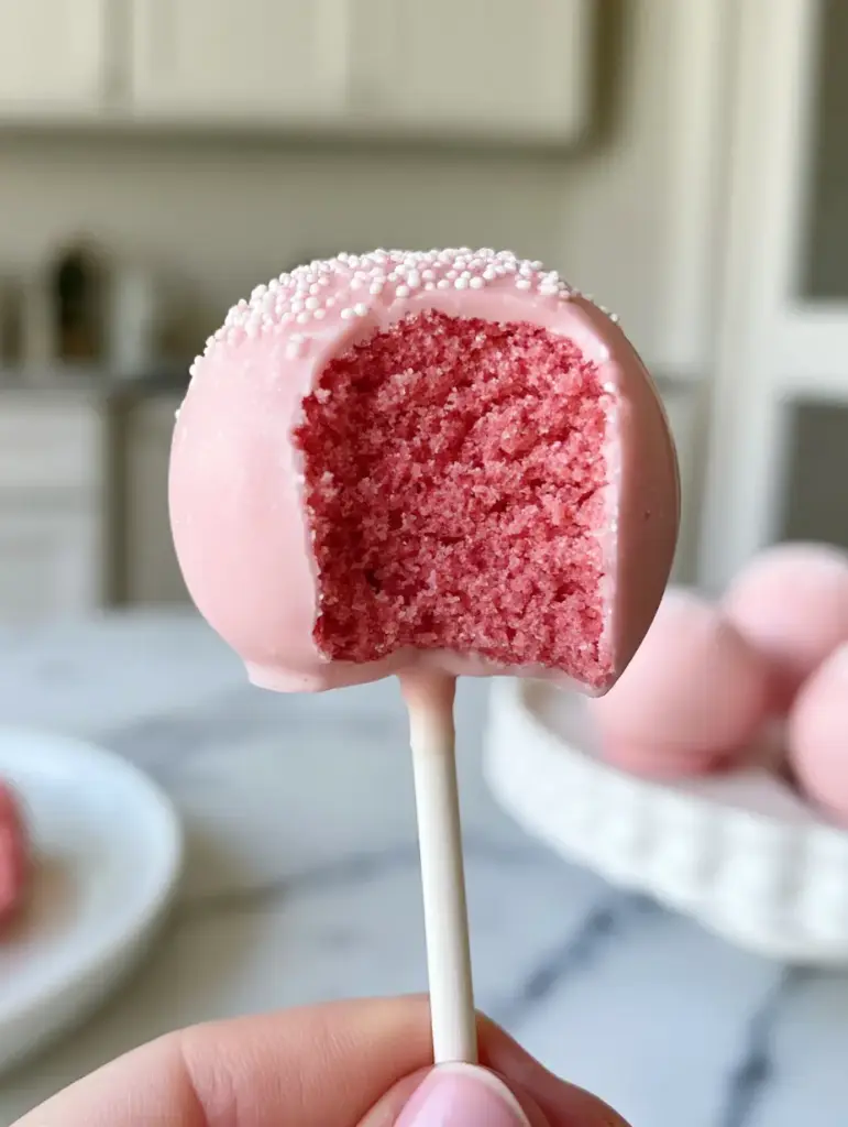 cake pop recipe: The Ultimate Fudgy Pink Starbucks Copycat 1 A perfect Starbucks-style pink cake pop held against a neutral kitchen background.