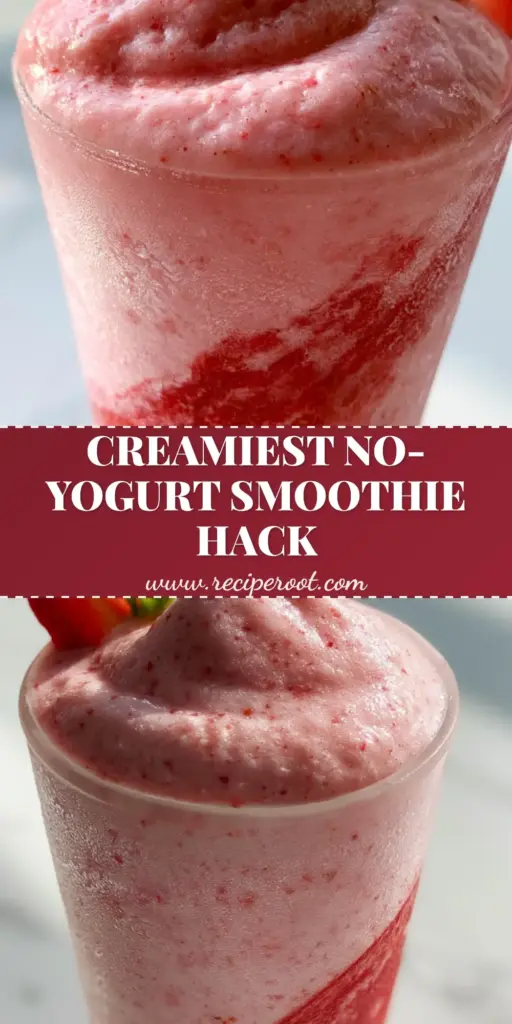 A tall, frosted glass with a thick strawberry banana smoothie, featuring a deep red puree swirl and mint garnish on a marble countertop.