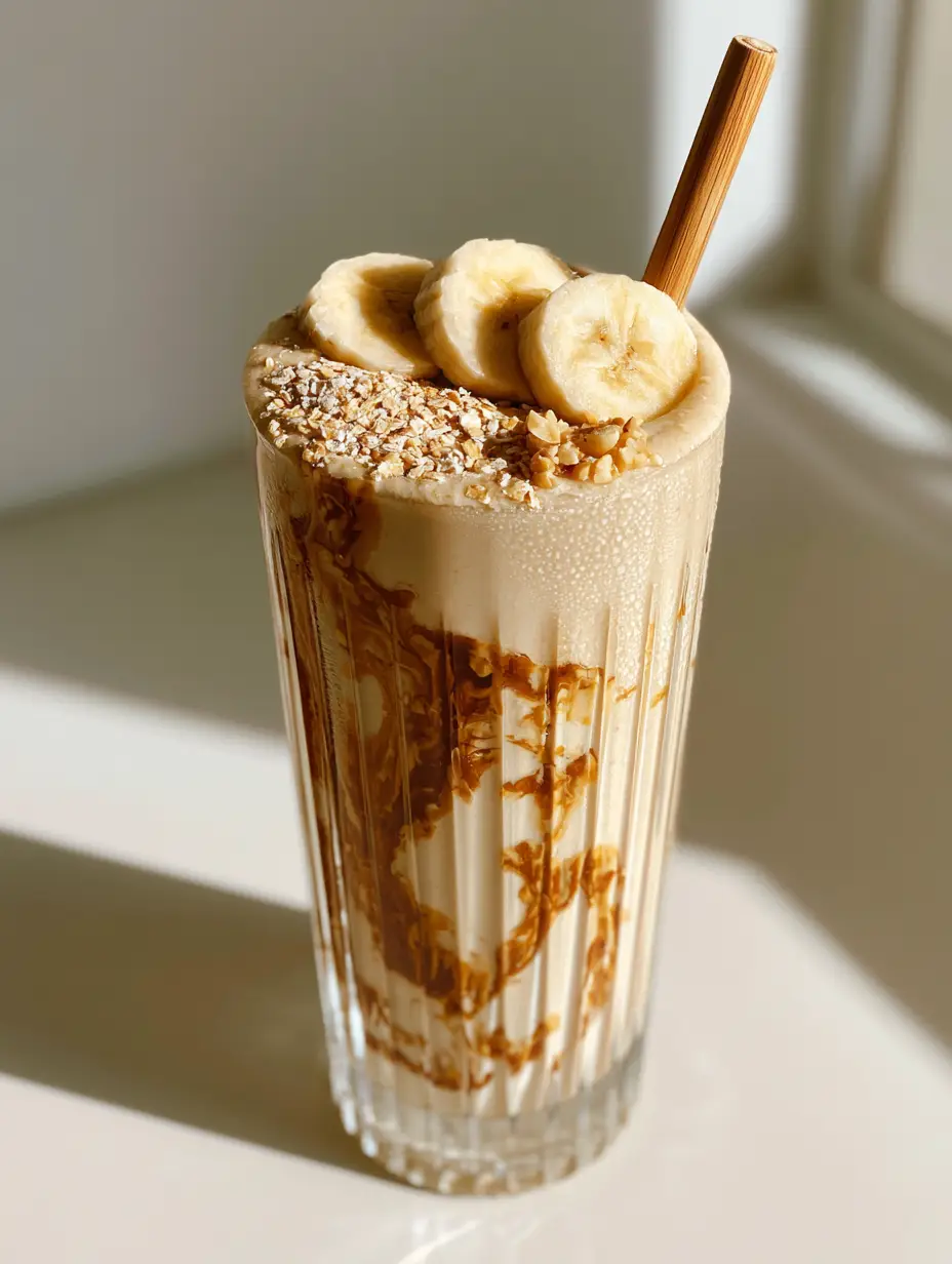 Banana Oatmeal Peanut Butter Smoothie: The Ultimate Creamy Breakfast 3 Ultra-thick creamy pale beige banana peanut butter smoothie with banana slice garnish in morning light.