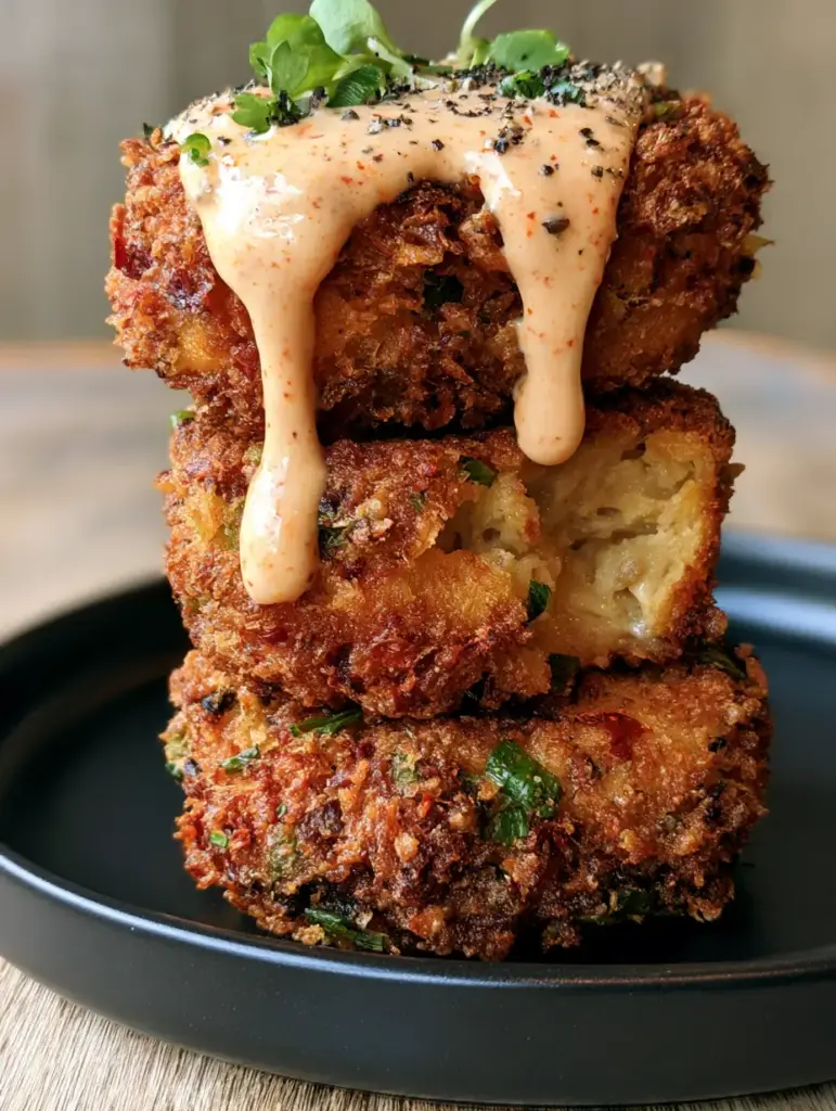 Chicken Cake with Spicy Mayo Aioli: The Ultimate Crispy Dinner 1 Slicing into a thick chicken cake to reveal the moist and juicy interior.