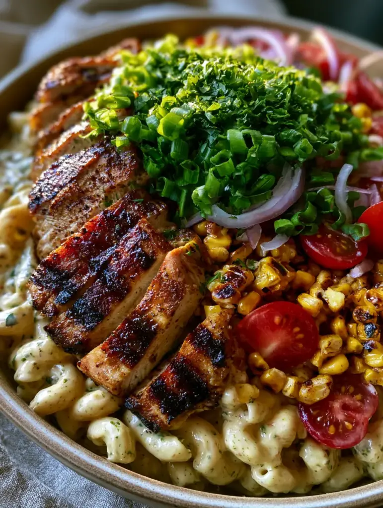 Cat Drawing Idea: The Most Artistic Creamy Chicken Pasta Salad 1 Wide shot of a vibrant pasta salad with golden-brown chicken and red onion curls on a neutral linen background.
