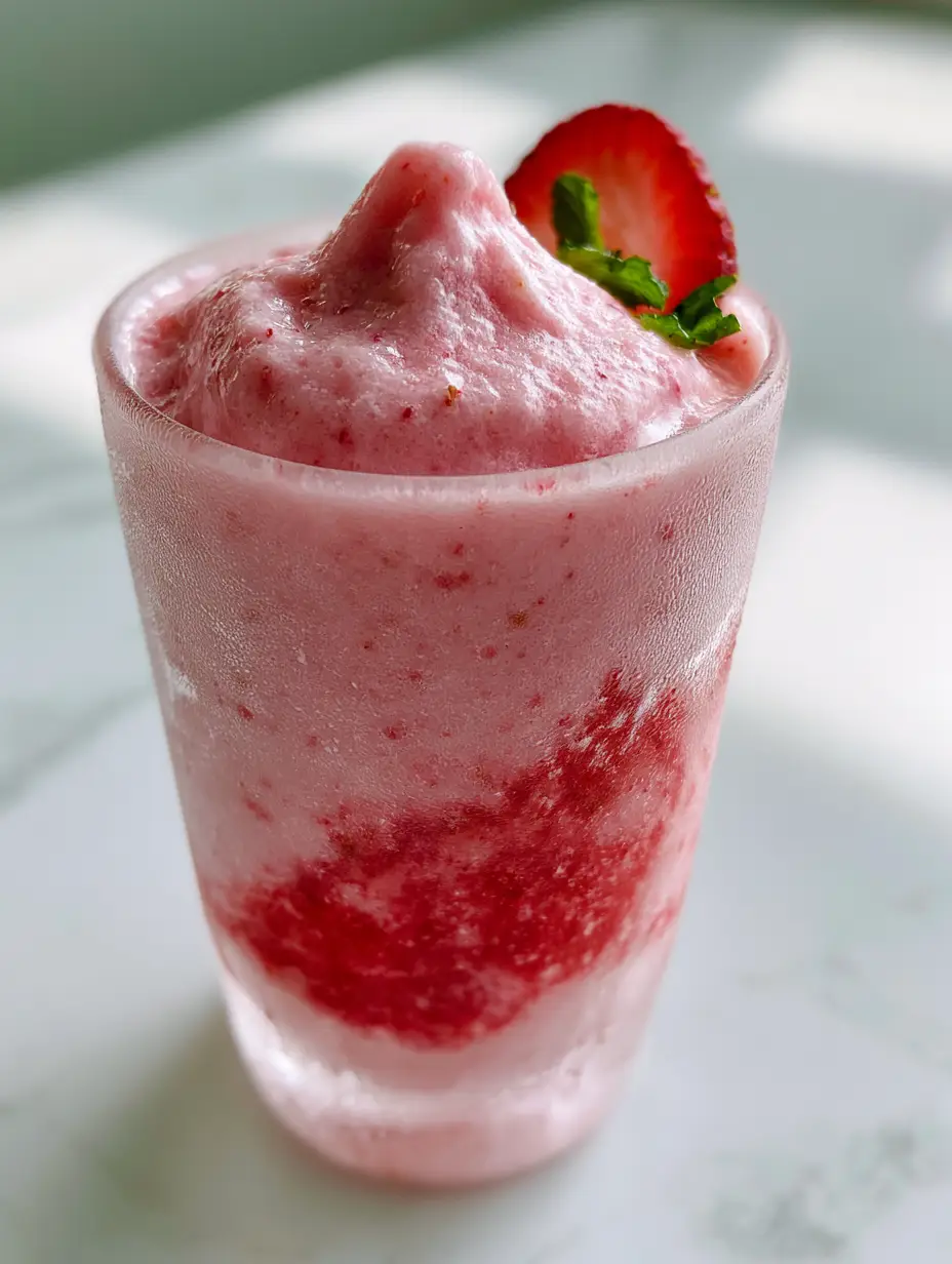 Close-up macro shot showing the velvety soft-serve texture of a strawberry banana smoothie with visible fruit seeds.